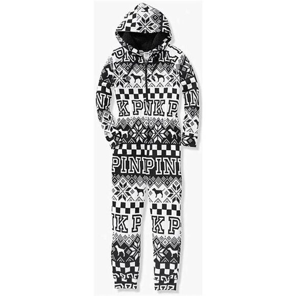 PINK Victorias Secret Black White Winter Sherpa Hood Zip Romper Small - Picture 11 of 11